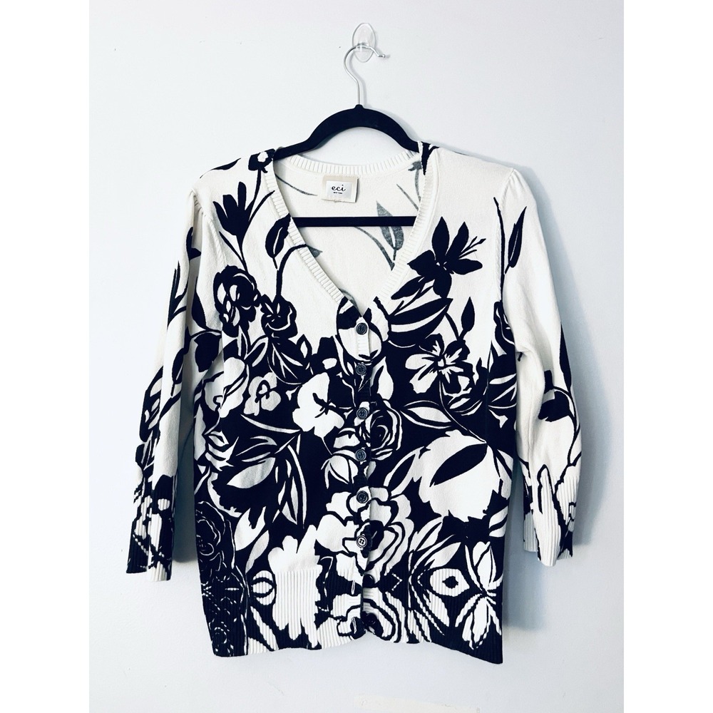 ECI New York Women's S Small Button Cardigan 3/4 Sleeve White Black Floral CUTE!